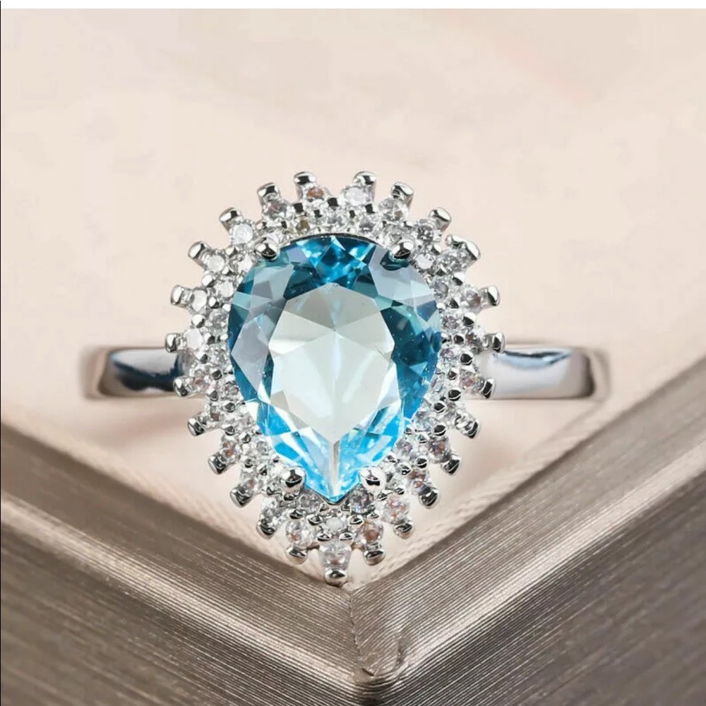 925 Silver White Sapphire Women Aquamarine Ring - Picture 2 of 5